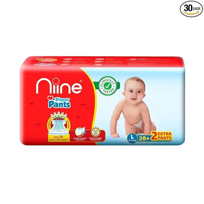 Niine Baby Diaper Pants Large(L) Size (9-14 KG) (Pack of 1) 30 Pants for Overnight Protection with Rash Control