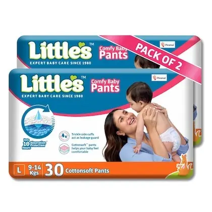 Little's Standard Baby Diapers L Size (Large) Pants Style | 9-14 kg | 60 Count - Pack of 2 