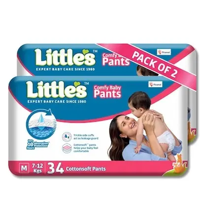 Little's Standard Baby Diapers M Size (Medium) Pants Style | 7-12 kg | 68 Count - Pack of 2 